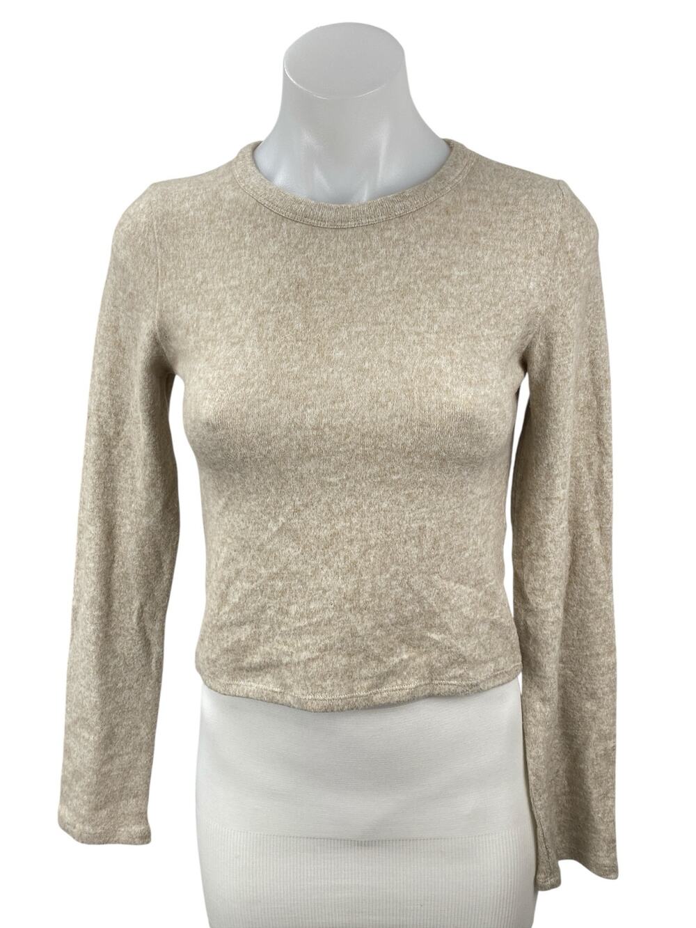 NEW Zara Women's Beige Long Sleeve Crew Neck Knit Slim Crop Sweater Top Size M